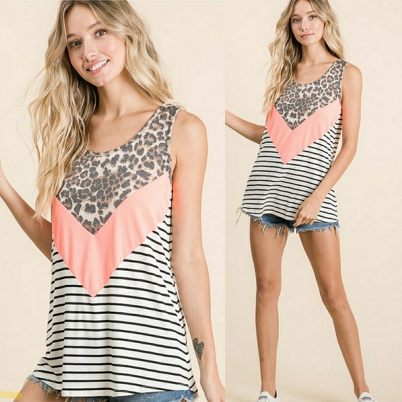 Tops - CAROL Peach Leopard Stripe Tank Top